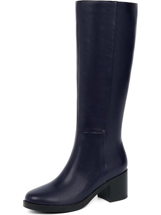 Shoes - Women's Navy Blue Knee High Boots Chunky Low Block Heel Round Toe Boots Anti-sli